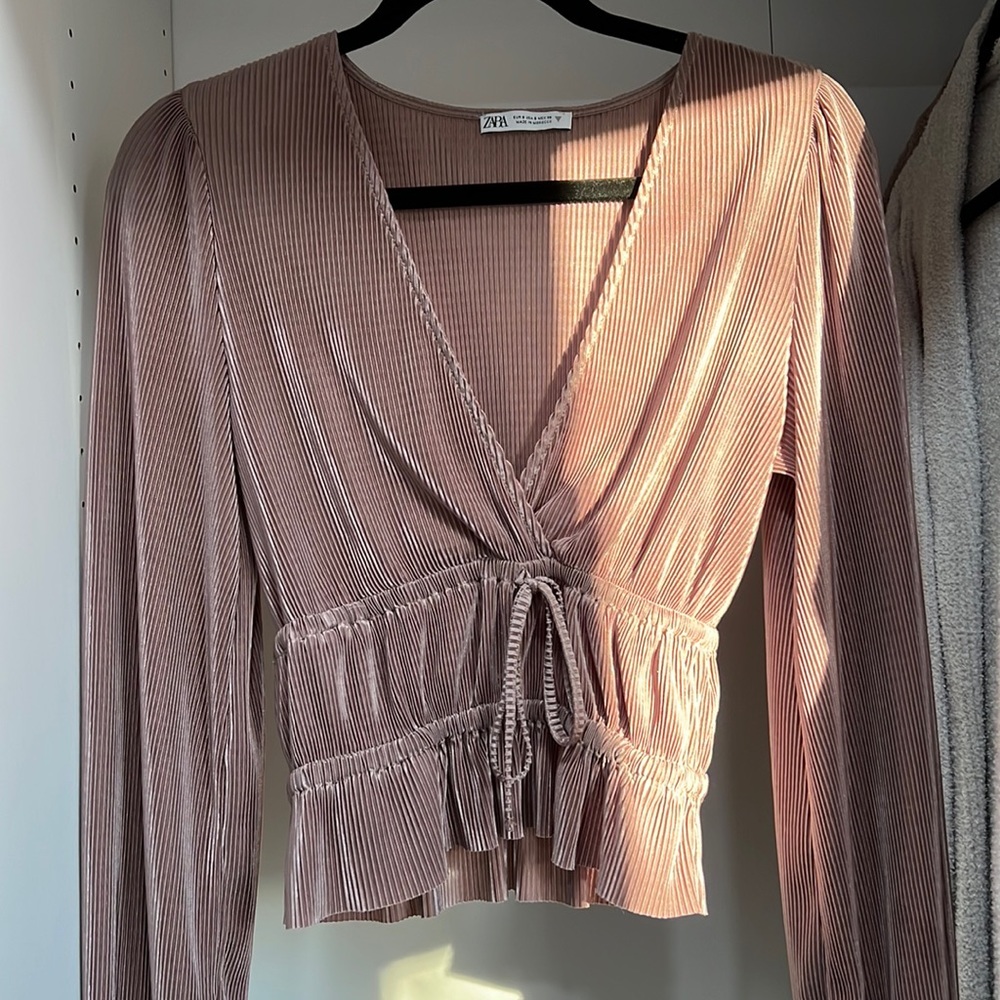 Zara Taupe Plisse Cinch Waist Long Sleeve Top Sz S